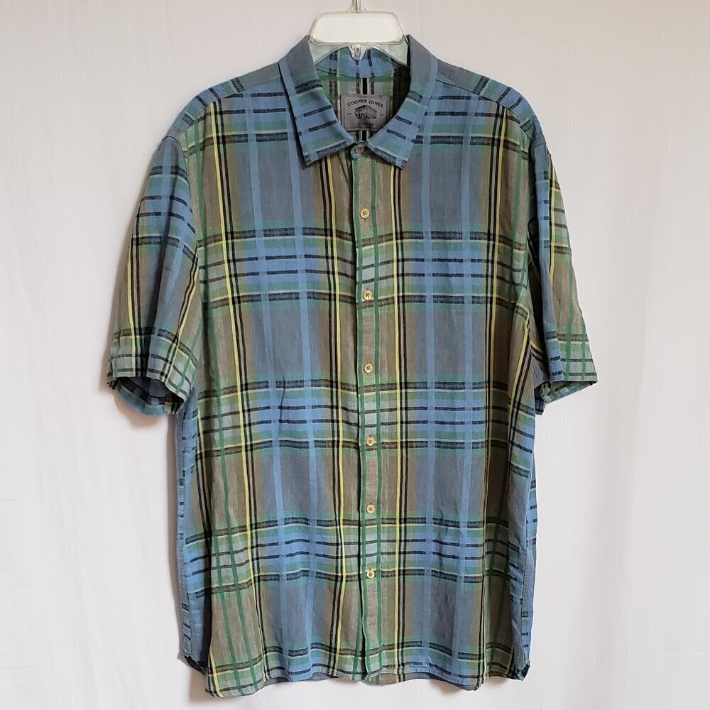 Cooper Jones - Mens Blue, Green, Yellow Plaid Linen and Cotton Shirt. Size Large